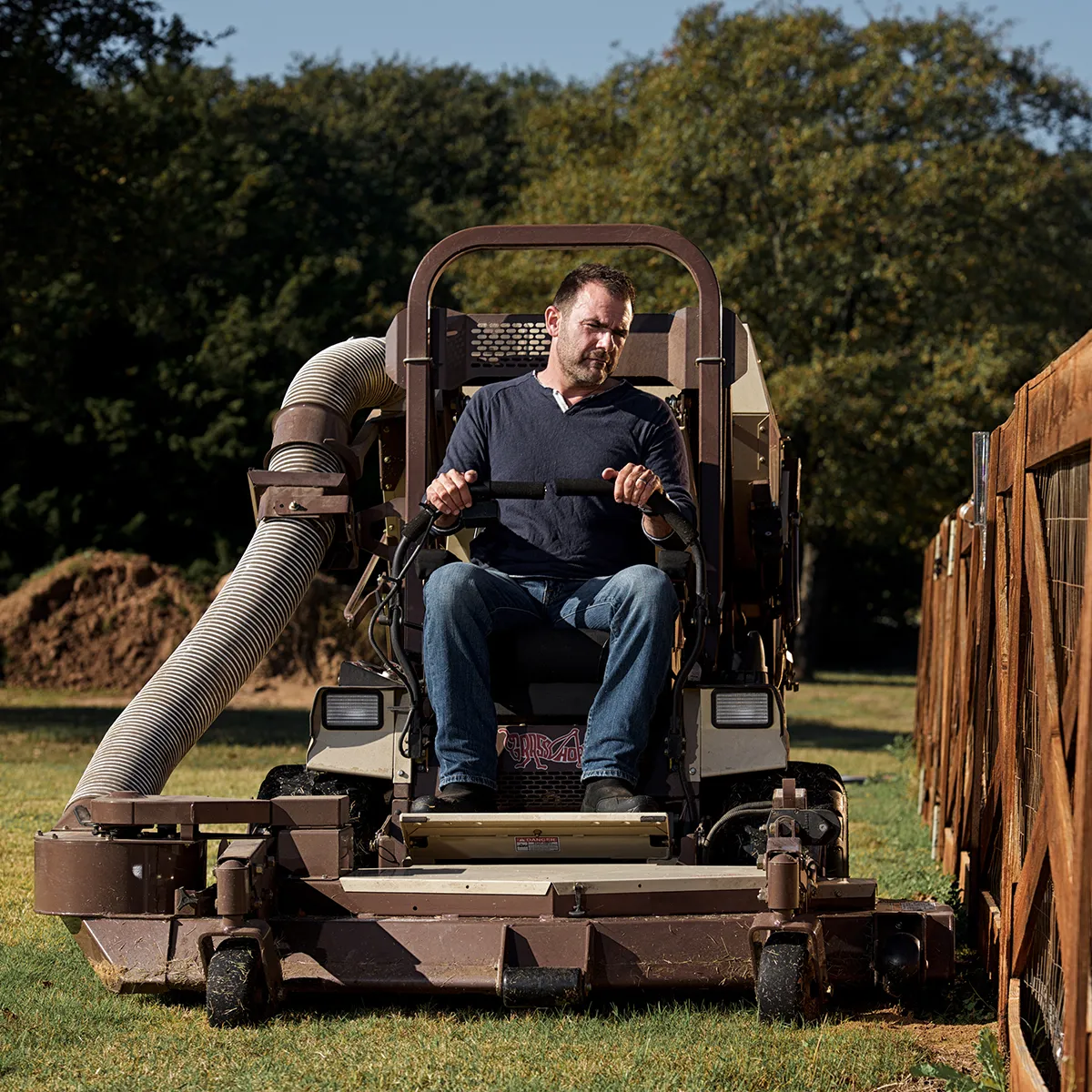 clog free performance of a frontmount lawn mower or commercial mower using a powervac leaf collector