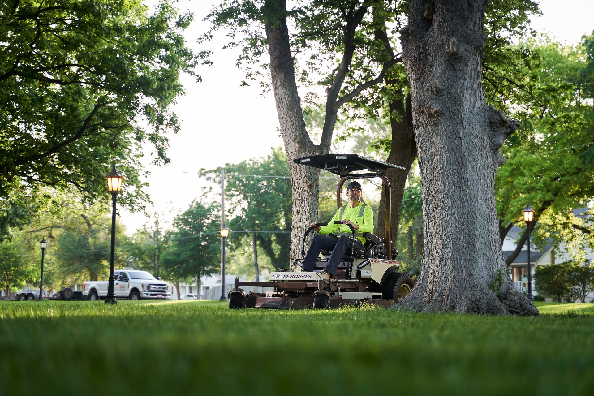 Operator on a canopy-equipped Grasshopper mower cutting park turf beside a massive tree trunk.