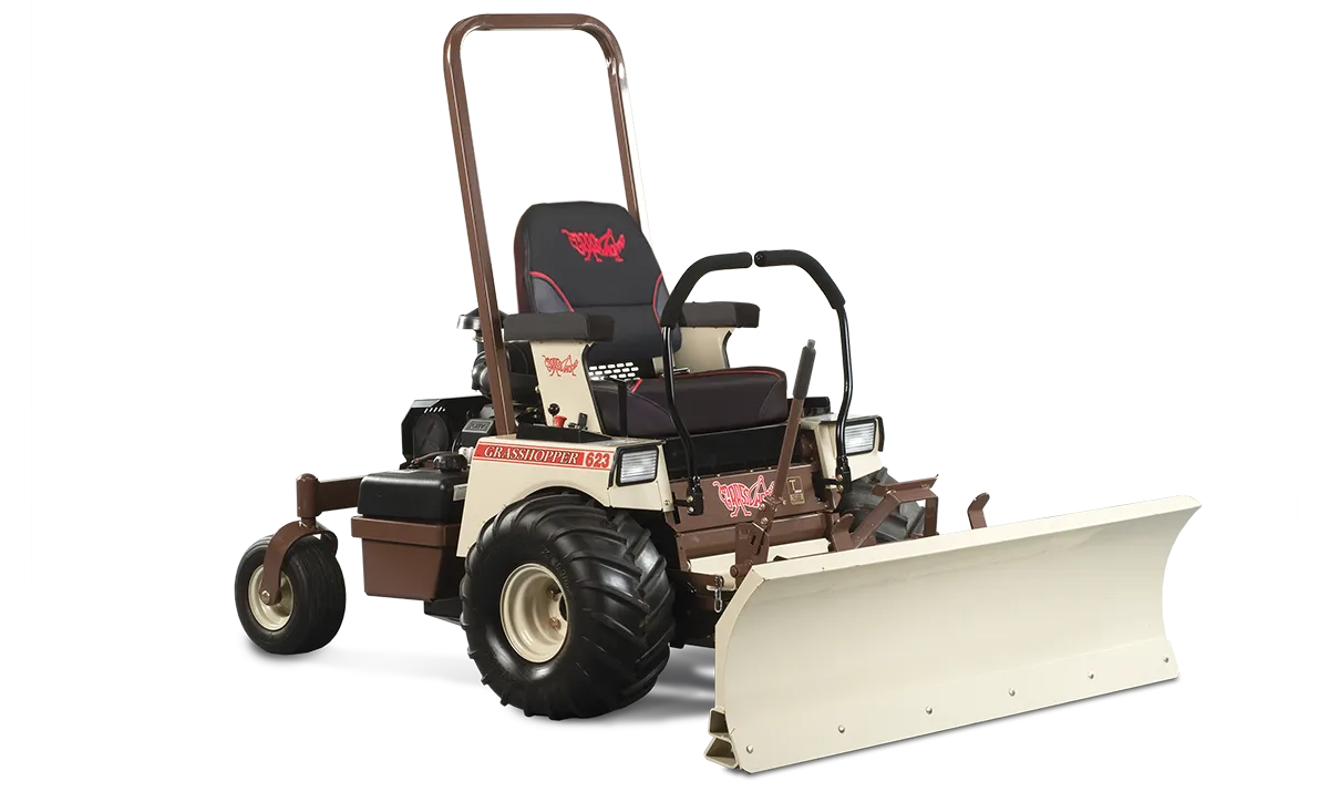 Grasshopper zero turn lawn mower attachments featuring a dozer blade for dirt or snow removal