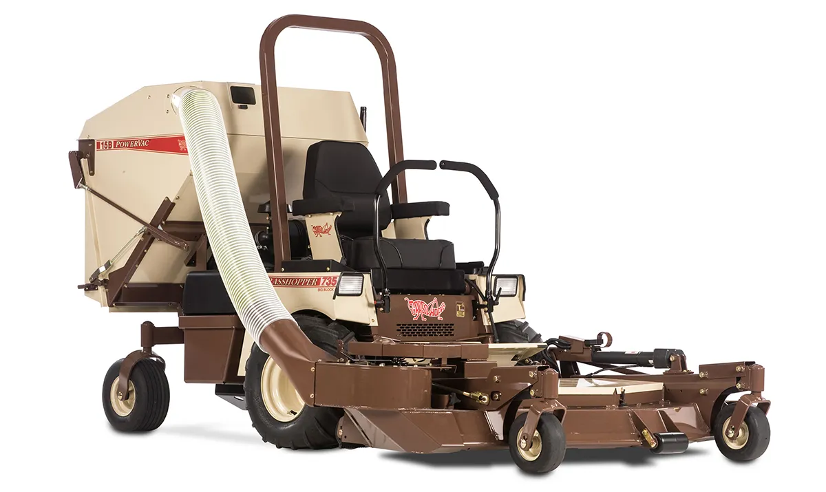 FrontMount PowerVac Attachment on a 735 FrontMount Grasshopper zero-turn lawn mower