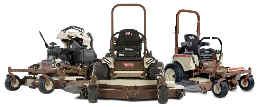 Model Chooser header image with three mower knockouts - front mount mid mount or stand on mowers available 
