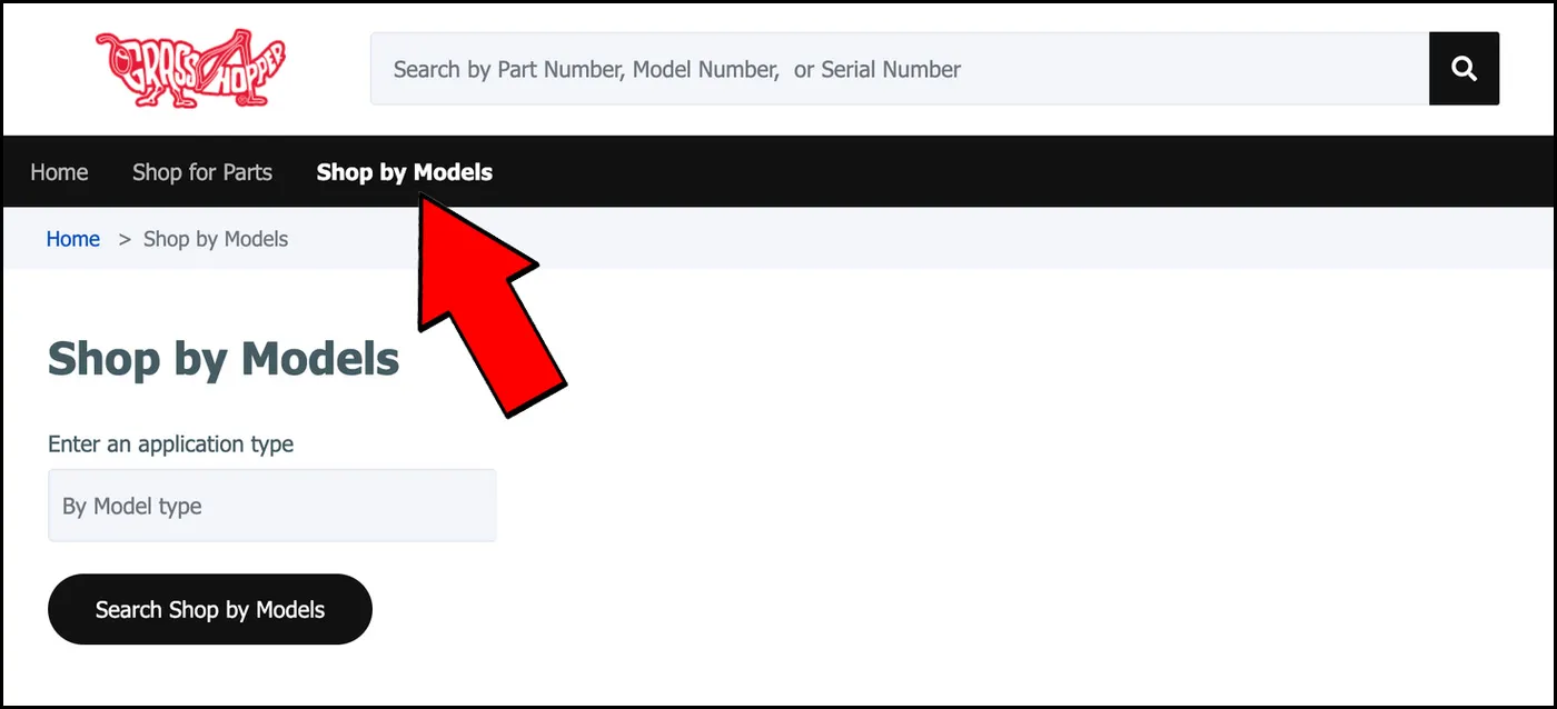 Red arrow marking the Shop by Models tab above a model type field and search button.