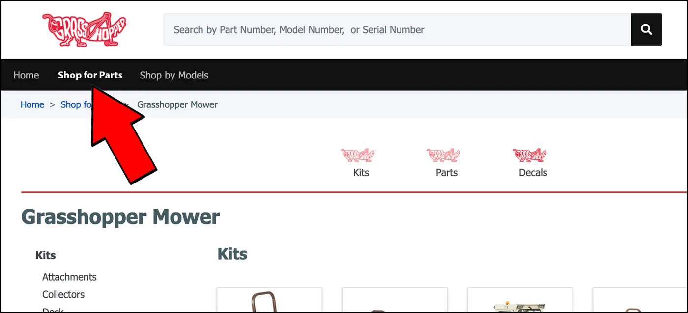 Red arrow marking the Shop for Parts tab above Grasshopper Mower kits, parts, and decals categories.