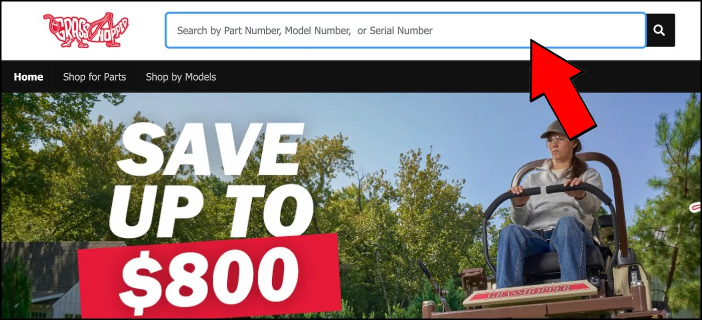 Red arrow pointing to the part, model, or serial number search bar on GrasshopperParts.com.
