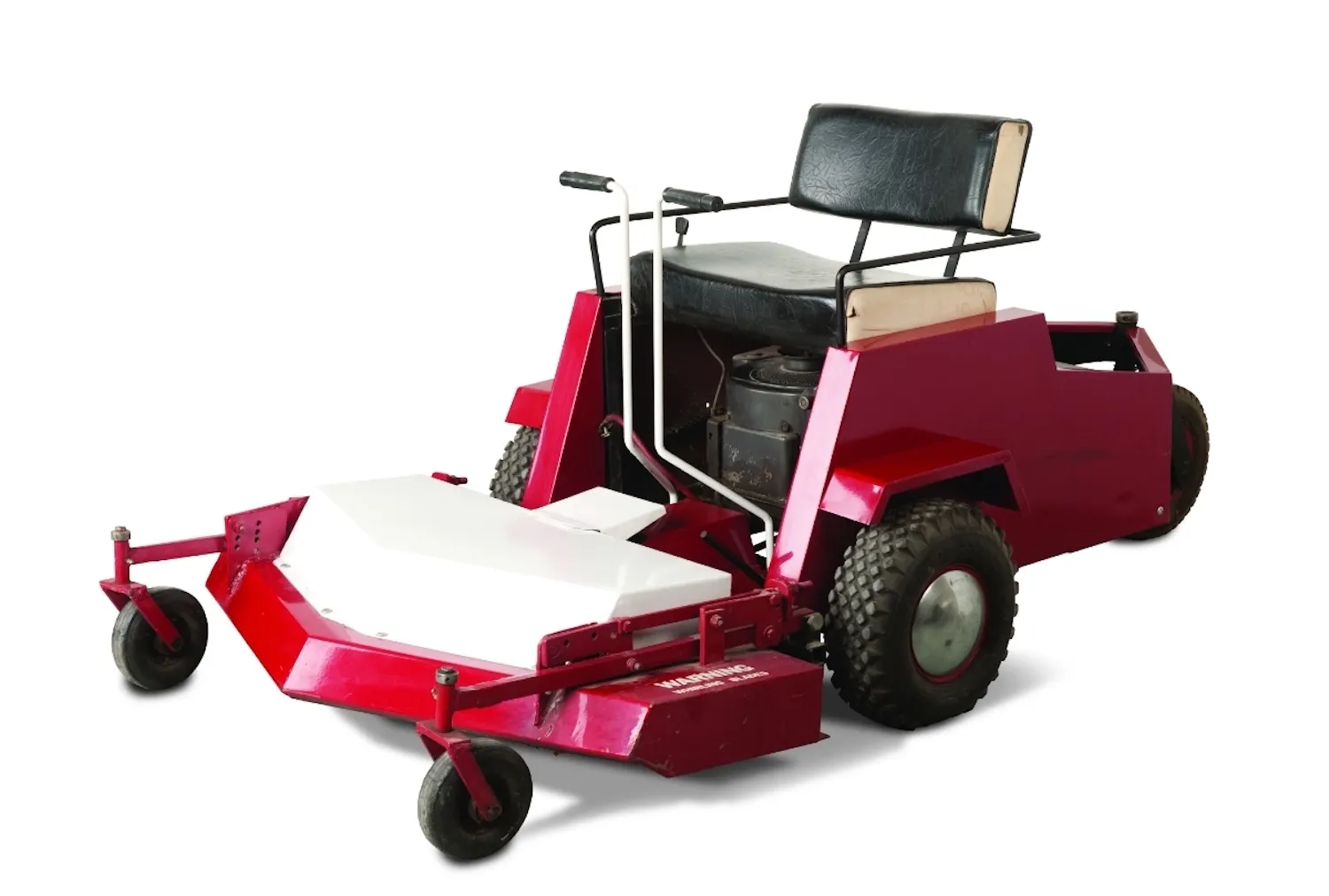 Early crimson riding mower with an out-front cutting deck and padded seat, photographed against white.