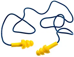 Pair of yellow reusable ear plugs joined by a blue cord on a white background.