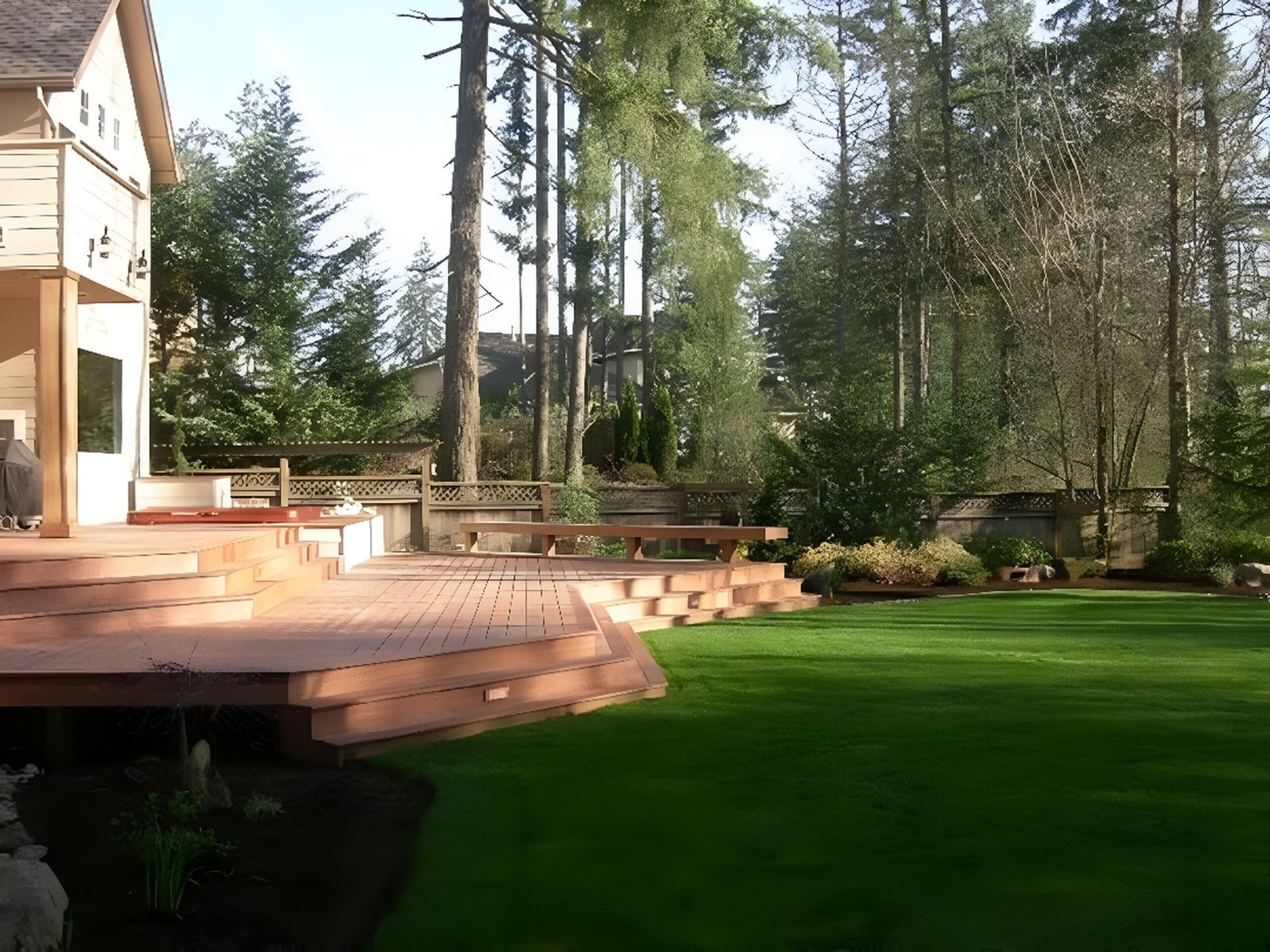 Multi-level wooden backyard deck with wide steps and a bench, adjoining a bright green lawn.