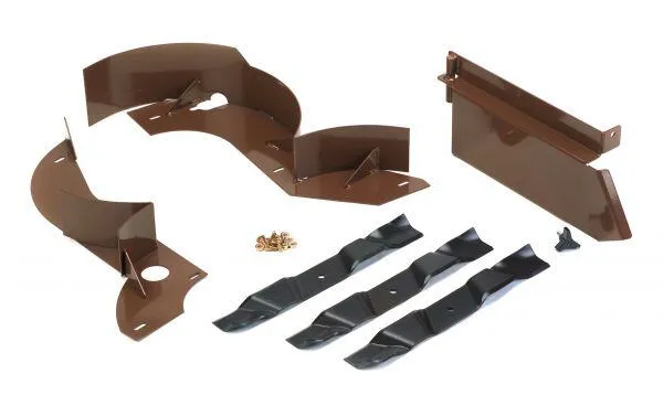 Mulching kit parts laid out flat: brown deck baffles, three black blades, and bolts.