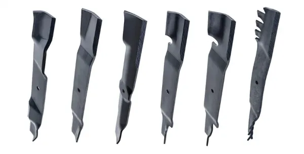 Six mower blade profiles side by side, showing lift, notch, and serrated edge variations.