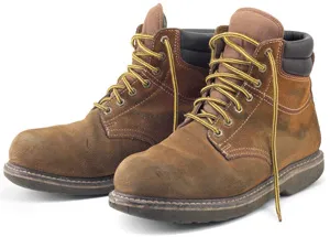 Pair of brown leather lace-up work boots with padded collars on a white background.