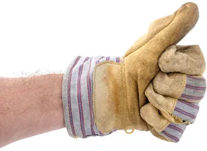 Hand in a tan leather work glove with a striped canvas cuff giving a thumbs-up.