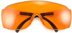 Orange-tinted protective safety goggles with adjustable temple arms.